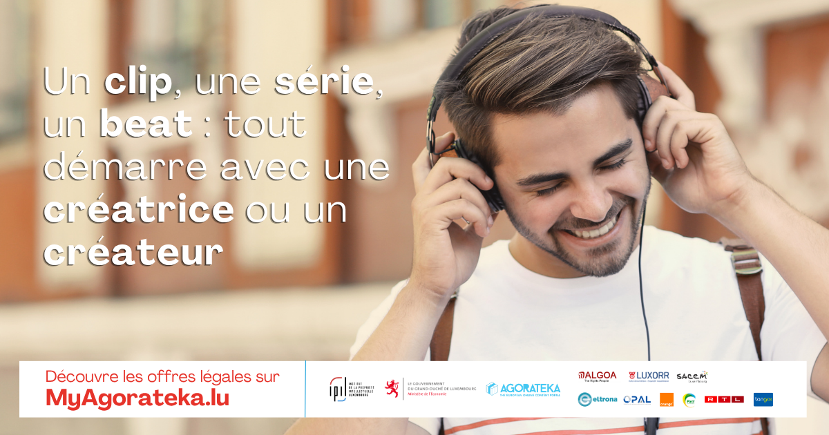 Image illustrant un slogan qui fait la promotion du site MyAgorateka.lu - Un clip, une série, un beat : tout démarre avec une créatrice ou un créateur.